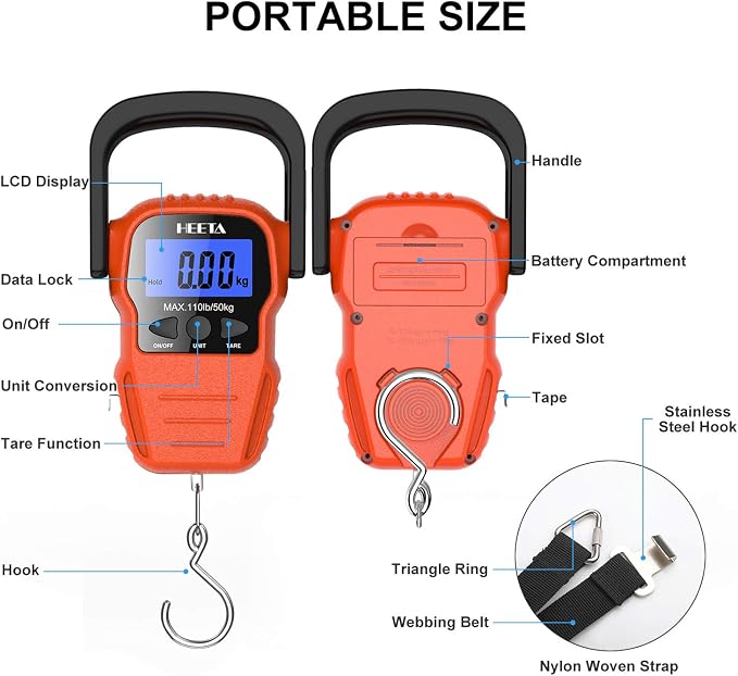 HEETA Fish Scale with Backlit LCD Display, Up to 110lb/50kg Digital Portable Hanging Fish Weight Scale with Hook & Measuring Tape for Home, Farm, Outdoor, Hunting, Fishing, 2 AAA Batteries Included