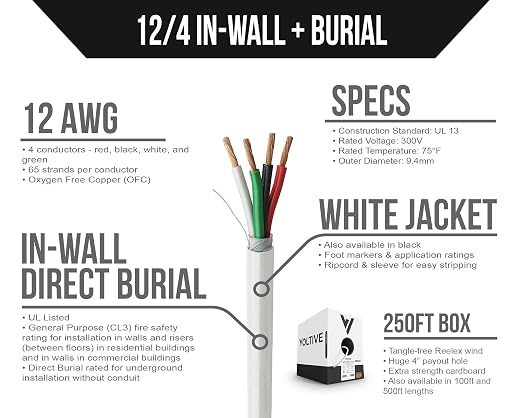 Voltive 12/4 Speaker Wire, in-Wall CL3 & Direct Burial, White, 250ft - 12AWG, 4 Conductors, Stranded Oxygen-Free Copper, UL Listed - V-1207-4