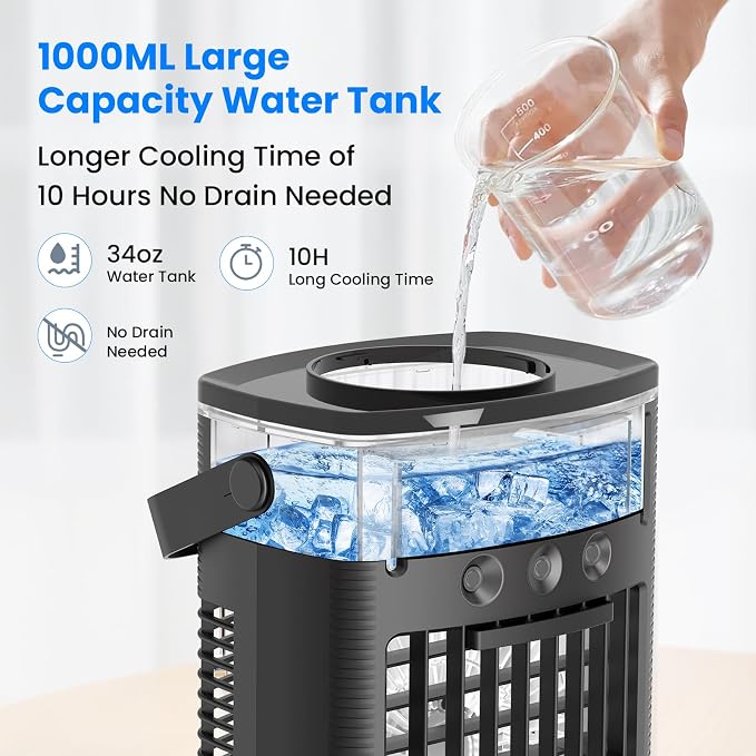 Portable Air Conditioners, Small Air Conditioner Portable with Remote, 3 Speeds & 3 Mist Modes & Timer Mini Evaporative Air Cooler, Personal Cooling Misting Fan for Bedroom Office Room Desk, Black