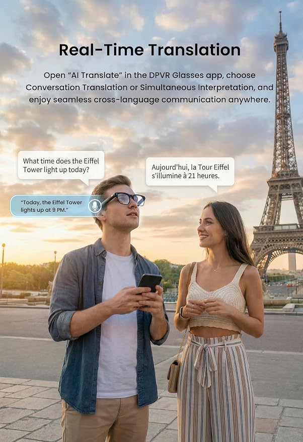 DPVR AI Smart Glasses with Camera and Bluetooth – 8MP HD Camera Glasses for Men & Women, Video Recording Glasses with Voice Assistant, 144-Language Real-Time Translation, for Travel, Work, Music, Vlog