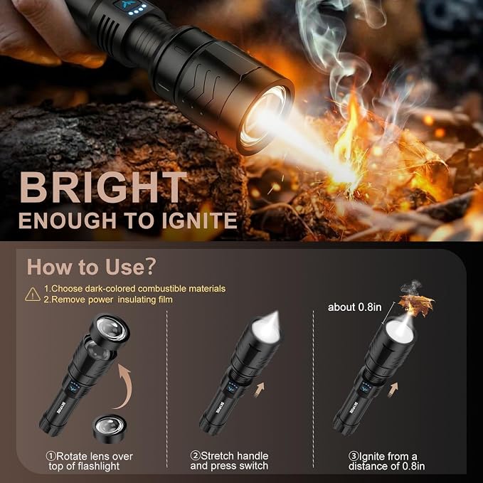 SKYFIRE Flashlight with Ignition Lens,5000mAh Rechargeable Flashlights High Lumens Super Bright Waterproof Powerful LED Tactical Flash Light for Camping Essentials Outdoor Home&Gifts