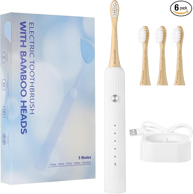 Bamboo Electric Toothbrush for Adults, Electric Toothbrush with 4 Bamboo Heads, Soft Castor Oil Bristles, 5 Modes, Smart Timer, Sonic Technology, IPX7 Waterproof, 70-Day Battery Life-White