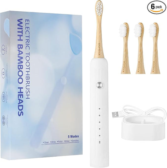 Bamboo Electric Toothbrush for Adults, Electric Toothbrush with 4 Bamboo Heads, Soft Castor Oil Bristles, 5 Modes, Smart Timer, Sonic Technology, IPX7 Waterproof, 70-Day Battery Life-White