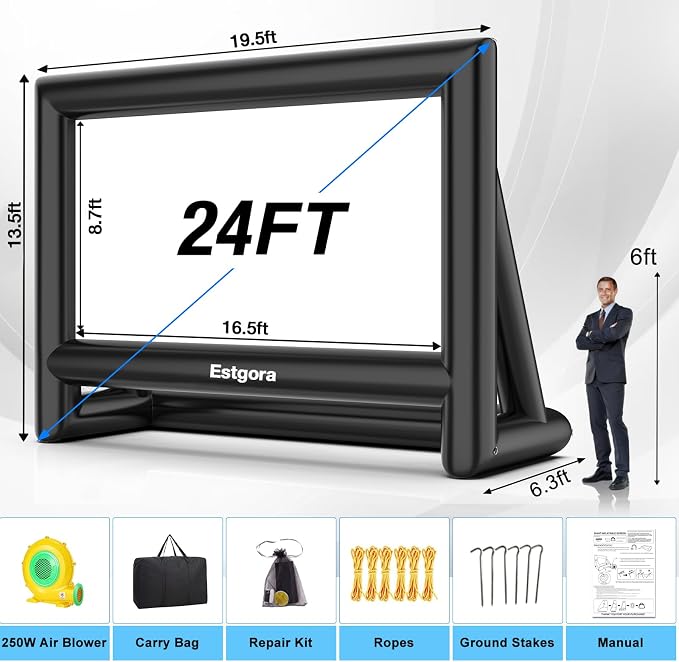 Estgora 24FT Inflatable Movie Screen, Inflatable Projector Screen for Outside, Blow Up Projector Screen with Air Blower,Front & Rear Projection Screens for Outdoor Movie Night Backyard Pool Party Fun