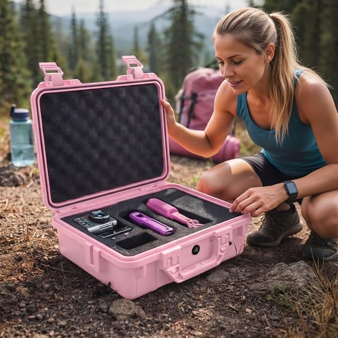 Relaxweex 1 Pcs Waterproof Hard Case with DIY Customizable Foam Insert Portable Protective Case with Knife for Camera Drones Equipments Tools Test Instruments(Pink,8.5 x 6.5 x 3.7 Inch)
