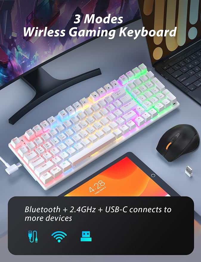 Wireless Mechanical Keyboard and Mouse Combo, 98-Key Gaming Keyboard with RGB Backlit, Tri-Mode BT5.0/2.4G/USB-C, 4000mAh Battery, 3200 DPI Gaming Mouse with Mouse Pad for PC, Laptop, Tablet(White)