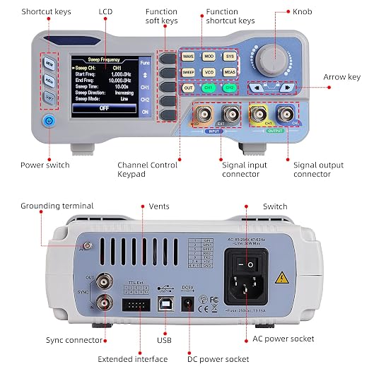 Koolertron DDS Signal Generator Counter, 2.8in Screen Display 60MHz High Precision Dual-Channel Arbitrary Waveform Generator Frequency Meter 275MSa/s Function Generators for Scientific,Laboratories