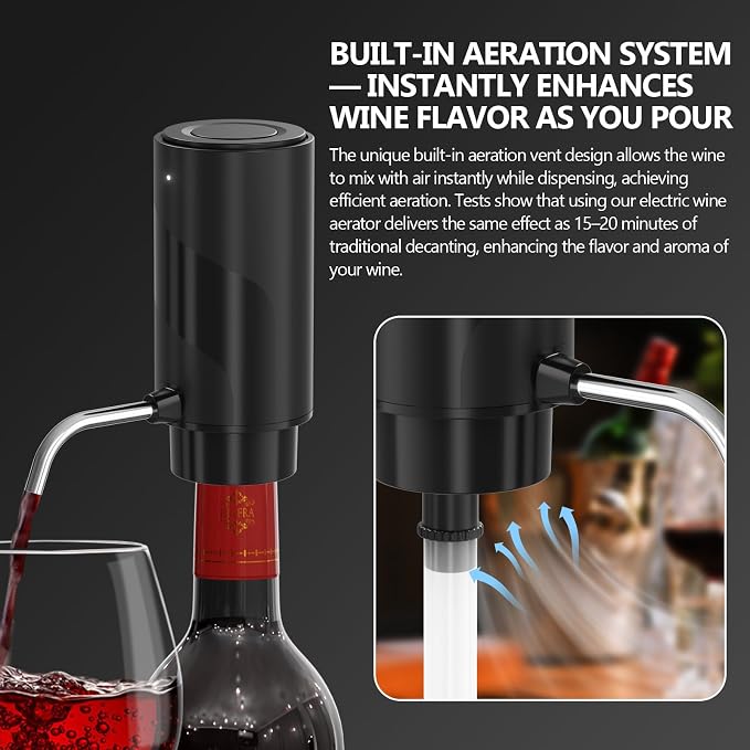 Fathers Day Gift Wine Aerator Electric Decanter – Automatic Wine Dispenser & Pourer with Type-C Rechargeable Battery, Instant Aeration Wine Accessories for Red & White Wine, Gift for Wine Lovers