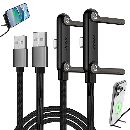 2-in-1 Invisible Stand Fast Charging Cable 65W USB-A Braided Fast Charging Cable Built-in Phone Stand 2 in 1 Phone Holder Cable for Suitable for Gaming Office and Travel Black 2Pack