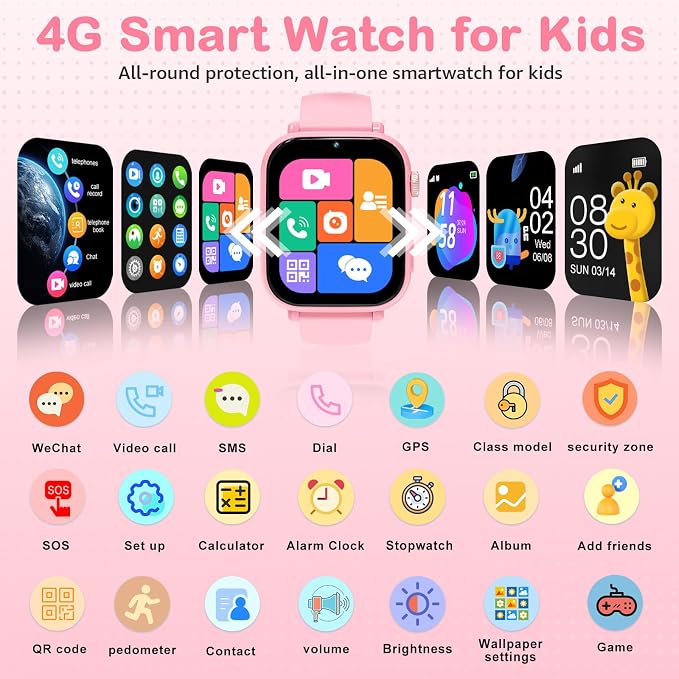 Kids Smart Watch for Boys Girls, 4G Smartwatch Phone for Children with GPS, Call, SOS, Video/Voice Chat, Parental App, Alarm, HD Touchscreen Watches for Kid Gifts Ages 4-12, Bright Pink