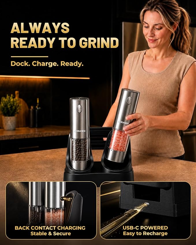Upgraded Electric Salt and Pepper Grinder Set, USB Rechargeable Automatic Mill with Adjustable Coarseness, Premium Housewarming Gift