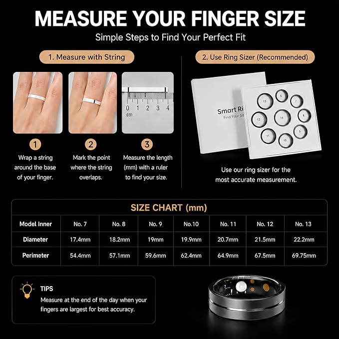 Smart Ring for Women Men, AI Health Fitness Tracker with Sleep, Heart Rate, HRV, Stress, Gesture Photo, IP68 Waterproof, No Subscription, iOS Android (Matte Black,7)