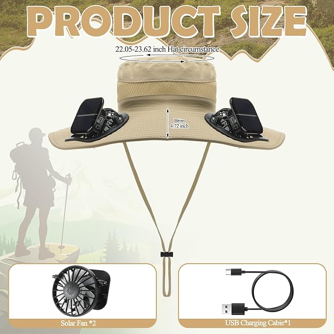 Berlune Sun Hat with 2 Solar Fan Wide Brim Fishing Bucket Hat USB & Solar for Men Women UPF 50+ Cooling for Fishing Beach