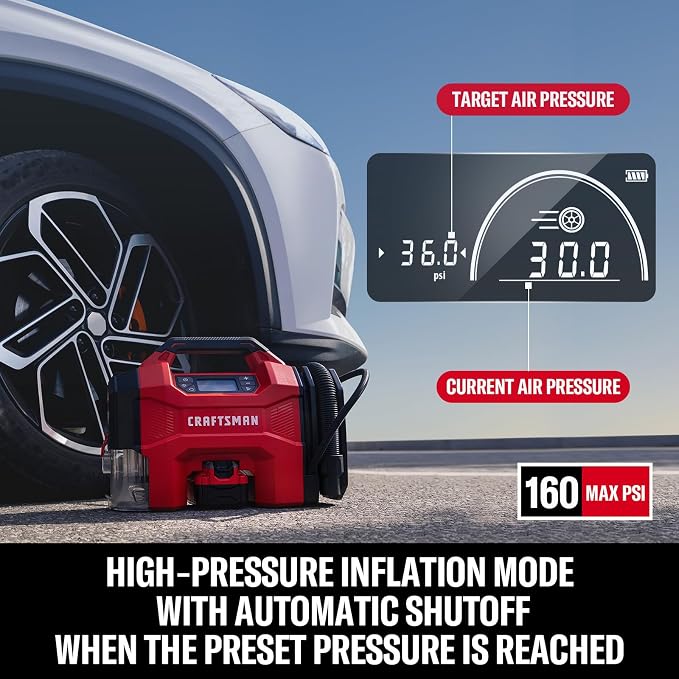 CRAFTSMAN 3-in-1 Tire Inflator, 160PSI Portable Air Compressor/Car Vacuum/Dust Blower, 20V Cordless & 12V Car Power, Air Pump with LED Light for Cars Trucks RV Tires (Battery Sold Separately)