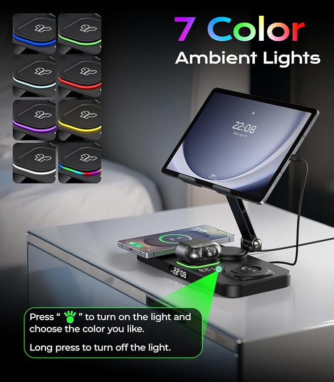 Meifigno 45W Wireless Charging Station for Multiple Samsung Device, Foldable 20W Wired Charger Stand for Galaxy Tab with Clock & Light, Charger for S26/S25 Ultra/Z Fold 7 & Buds, Only for Galaxy Watch