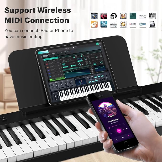 88 Key Folding Piano Keyboard, Portable Semi-Weighted Digital Piano with MIDI Support, Built-in Speakers, Rechargeable Battery, Travel Piano for Beginners