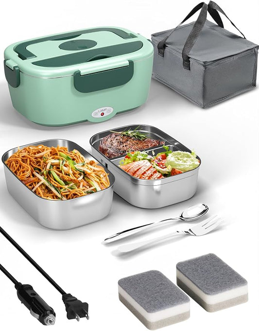Sitlais Electric Lunch Box for Adults - Fast Heating Portable Food Warmer with 2 of 53oz 304 Stainless Steel Containers 12V/24V/110V Heated Lunch Box for Men&Women Work Office Truck Travel lonchera