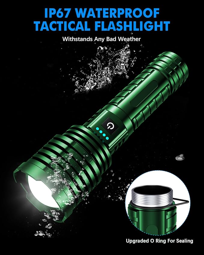 Super Bright Rechargeable LED Flashlights 2500,000 High Lumen, Flashlight Up to 25H Long Battery Life| Zoomable| 5Light Modes| IP67 Water Resistant, Tactical Flashlight for Camping (Green)