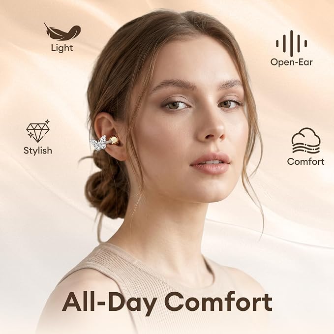 Clip On Earbuds with Detachable Diamond Butterfly Earrings, Bluetooth 6.0 Open Ear Earbuds for Women, Led Display Leather Texture Charging, Comfortable Fit for Small Ear, Daily Wear&Gifts, X22 Beige