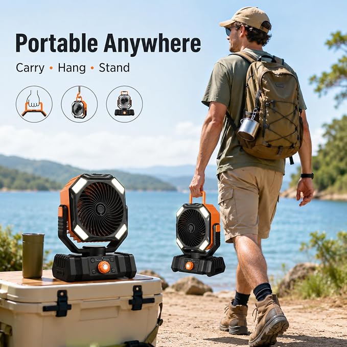 Portable Camping Fan with LED Lantern, 10000mAh Rechargeable Battery Operated Outdoor Fan with Remote, Auto Oscillating Portable Misting Fan with Hanging Hook for Tent, ABS, Orange & Black