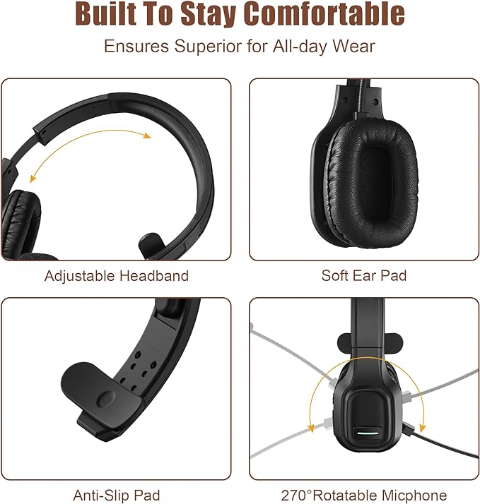Trucker Bluetooth Headset V5.0, Wireless Headset with Noise Canceling&Mute Microphone for Cell Phones, On Ear Bluetooth Headphone for Computer, Zoom Meetings, Skype, Home Office