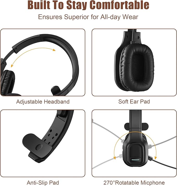 Trucker Bluetooth Headset V5.0, Wireless Headset with Noise Canceling&Mute Microphone for Cell Phones, On Ear Bluetooth Headphone for Computer, Zoom Meetings, Skype, Home Office
