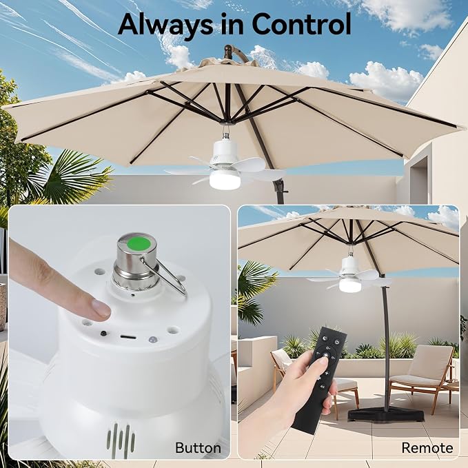 Portable Solar Ceiling Fan with Lights,18.5in Outdoor Fan with Foldable Solar Panel, Remote Control Stepless Dimmable, Timer, 3 Speeds 30dB, Tool-Free Setup for Camping Greenhouse Chicken Coop, White