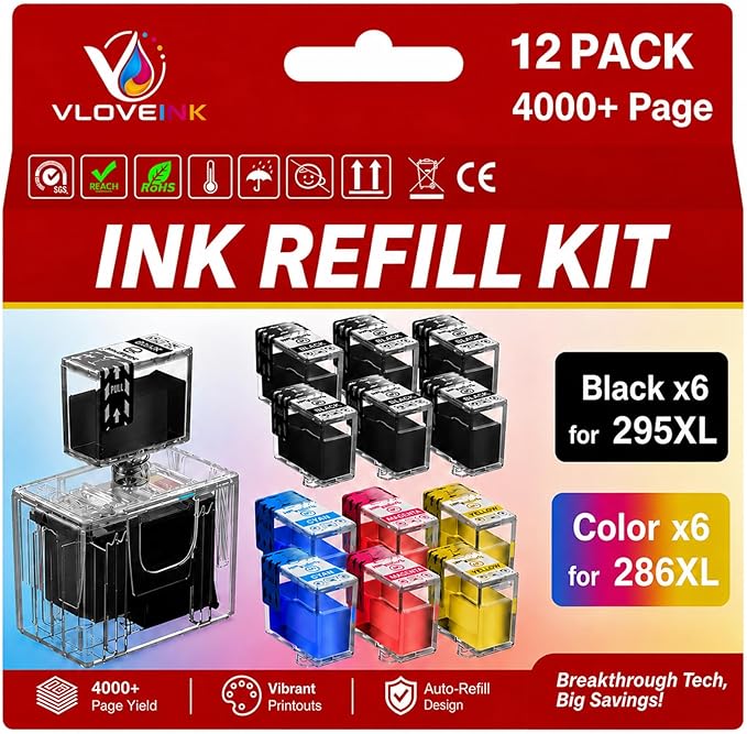 PG-295XL CL-286XL Ink Refill Kit for Canon PG-295 CL-286 PG-295XL CL-286XL Ink Cartridges Compatible for 295XL 286XL Compatible with TS4320 TS6520 TR7120 Printer Ink (12-Pack, 6BK/2C/2M/2Y)