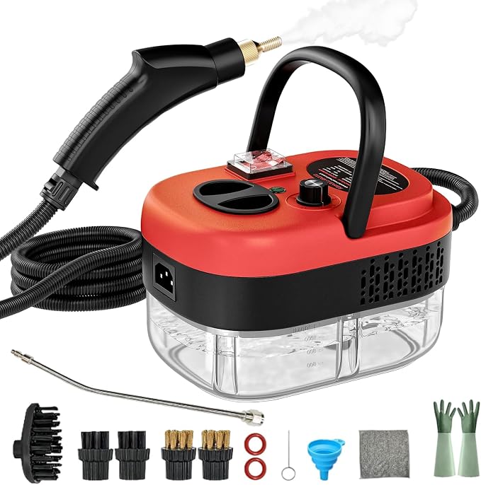 Steam Cleaner, Portable Pressurized Steamer for Cleaning with 14pcs Accessories, 6-Level Adjustable and 15s Heat-Up, Handheld Steam Cleaner for Home, Tile, Dirt, Grout, Grease, Car Detailing(Red)