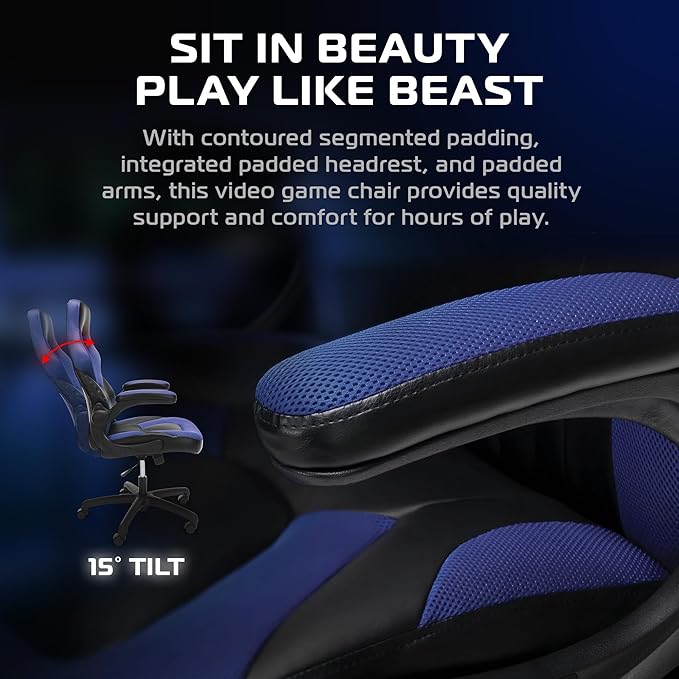 RESPAWN 3085 Ergonomic Gaming Chair for Adults, High Back Office Chair with Headrest and Flip Up Arms, Leather Racing Style Gaming Seat with Lumbar Support, Video Game Computer Desk Seat - Blue