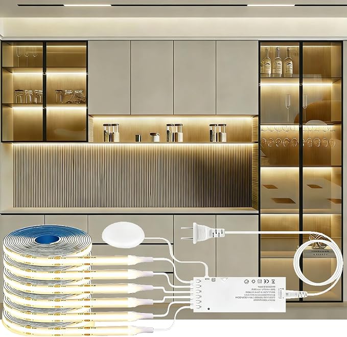 LED Shelf Light 12V,6.56Ft 6-in-1Dimmable Cuttable COB LED Strip Lights,with 60W Adapter Cabinet Light 4000K for Bookshelf, Display Cabinet, Closet, Kitchen and Pantry