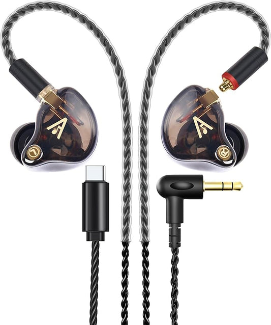 Audiovance Vibes 201C Wired Earbuds in-Ear Headphones, USB C to 3.5mm Adapter & Braided Cord, Noise Isolating Bass Driven Earphones, Carry Case, Ear Buds Tips, 3.5mm Jack (Clear Brown, No Mic)