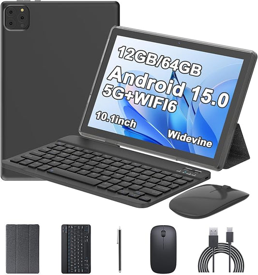 Android 15 Tablet 10 Inch, 12(3+9) GB RAM+64GB ROM, 2 in 1 Tablets with Keyboard Case Mouse Stylus, 1.8GHz Five-core Processor, 1280 * 800 IPS HD Screen, 5G WiFi6 BT 5.3 Tableta PC（Black