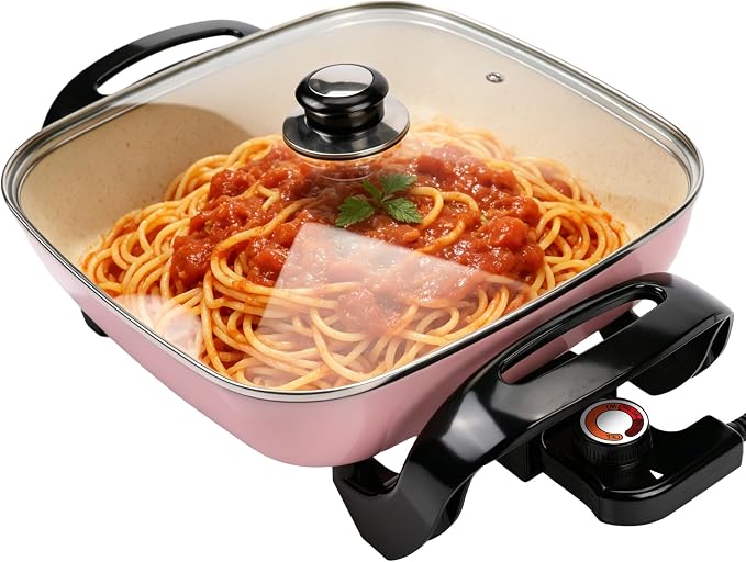 12'' Ceramic Nonstick Electric Skillet with Tempered Vented Glass Lid, Scratch-Resistant Surface, Cool-Touch Handles, Removable Easy-to-Clean, 120V 1200W 60Hz, Pink
