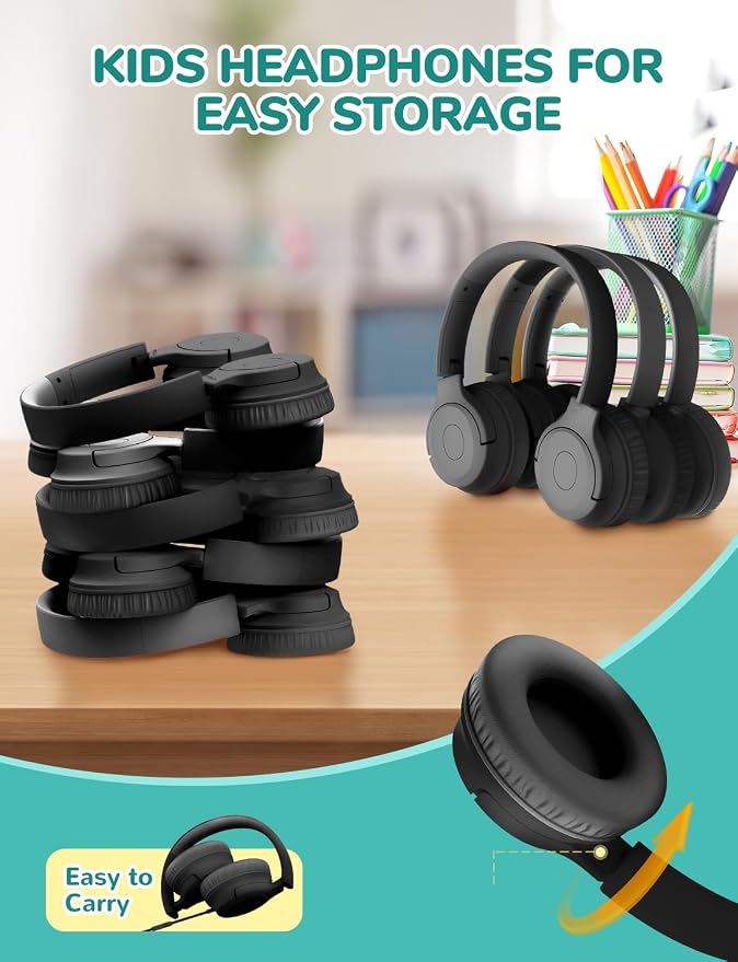iClever Kids Headphones with Mic for School K-12, 85dBA Safe Volume, Tangle Free, 3.5mm Jack, HD Stereo, Swivel Folable Kids headphones with Cord for Classroom/Student/Tablets/Laptop, Bulk 5Pack Black