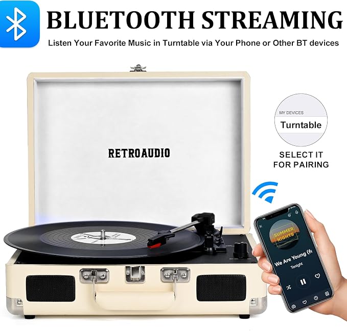 Vinyl Record Player with Built-in Speakers 3-Speed Vintage Record Player Bluetooth Portable Suitcase Turntable Belt-Driven LP Player Support RCA Output and Headphone Output (Creamy White)