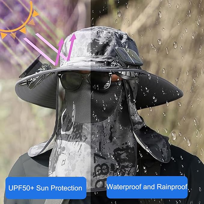 Vingtank Solar Fan Hat, Wide Brim Solar Fan Outdoor Fishing Hat with Removable Neck Flap and Face Cover for Fishing, Hiking, Camping Grey