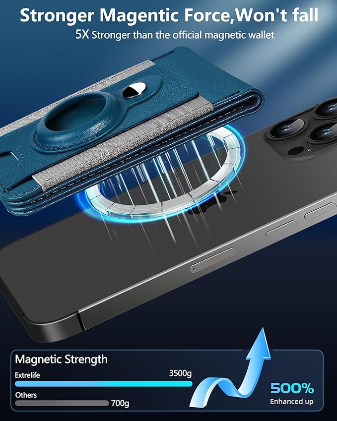 ExtreLife for Magsafe Wallet with Airtag Holder, Magnetic Wallet for iPhone 16/15/14/13/12 Series, 9-Card Holder, Open ID Window, Adjustable Stand, RFID Blocking, Blue