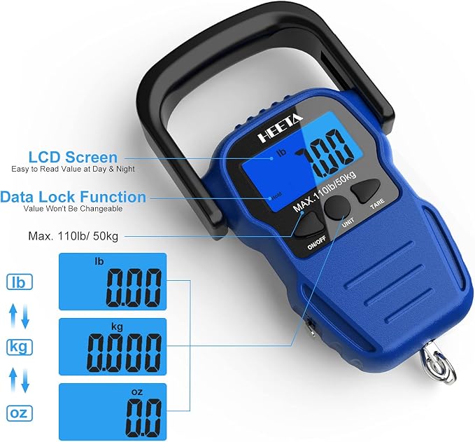 HEETA Fish Scale with Backlit LCD Display (Blue) Bundled with Waterproof Dry Bag for Women Men (Blue)