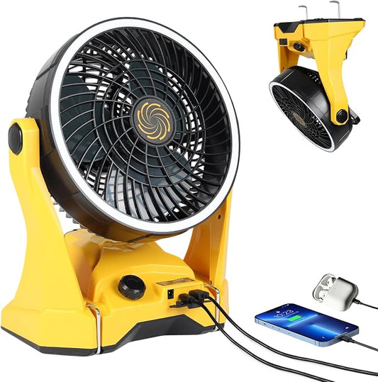 Fan Compatible with DeWalt 20V Battery Portable Jobsite Camping Fan with Infinite Speed Control USB-C and USB Charging, Hook, Handle 270° Tilt 4.5H Max Runtime for Outdoor Use Battery Not Included