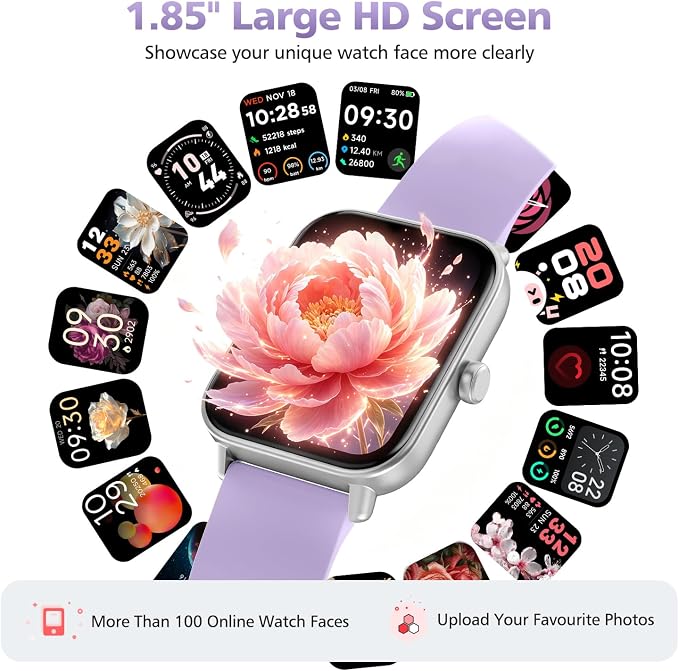 Smart Watches for Women, 1.85" Alexa Fitness Trackers with Call & SMS, Heart Rate, SpO2, Stress & Sleep Monitor, IP68 Waterproof Smartwatch for Android iPhone Samsung etc., 100+ Sports Modes, 2 Bands