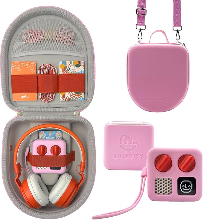 Silicone Cover and Travel Case Compatible with Yoto Mini with Headphones, Hard Carrying Case with Shoulder Strap and Adventure Jacket Accessories Set for Yoto Mini, Pink