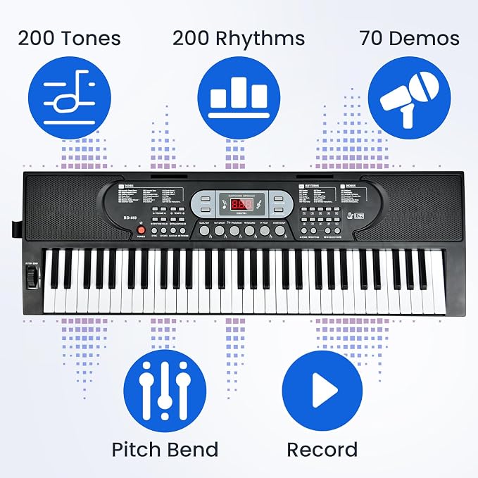 61 Key Keyboard Piano, Electric Piano Keyboard with Lighted Keys, Pitch Bend, Built-in Speakers- Includes Piano Stand and Bench, Microphone, Portable Keyboard Piano for Beginners