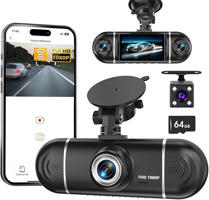 4 Channel Dash Cam Front and Rear Inside, 360° View 1080P Dash Camera for Cars, Super Night Vision, Gravity Sensor, Loop Recording, WDR, 24H Parking Mode, WiFi & APP Control, with 64GB Card