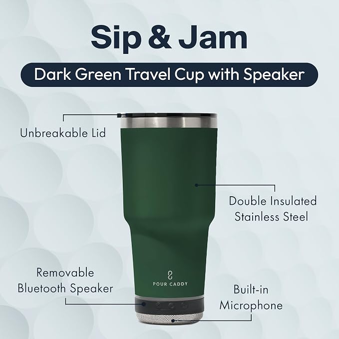Vibe 28 oz Tumbler with Bluetooth Speaker, Insulated Stainless Steel Travel Cup with Lid, Hot & Cold Drink Beverage Container, Removable Speaker with Microphone, Rubber Base, Dark Green