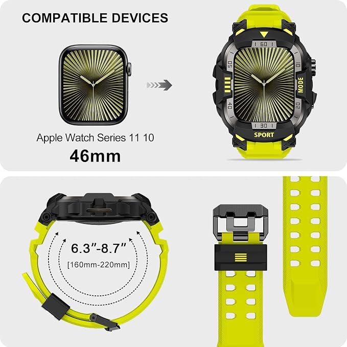 DABAOZA Rugged Case with Band Compatible with Apple Watch 46mm, for iWatch Series 11/10,Military Grade Shockproof Bumper and Men's Tactical Heavy Duty Strap(Fluorescent Green,46MM)