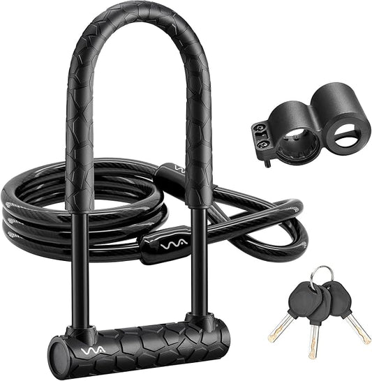 Bike Lock Heavy Duty Anti Theft, Long Shackle Bike U Lock with Keys, 4FT Security Cable and Mounting Bracket for Bicycle, Ebike, Scooter, Commuter Bike