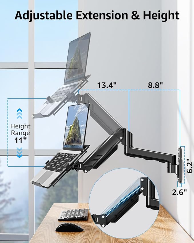 MOUNTUP Laptop Wall Mount, Adjustable Laptop Mount for Max 17" Notebook or Max 32" Monitor, Wall Mount Laptop Holder Holds 4.4-22lbs, 2-in-1 Laptop Arm with Ventilated Tray