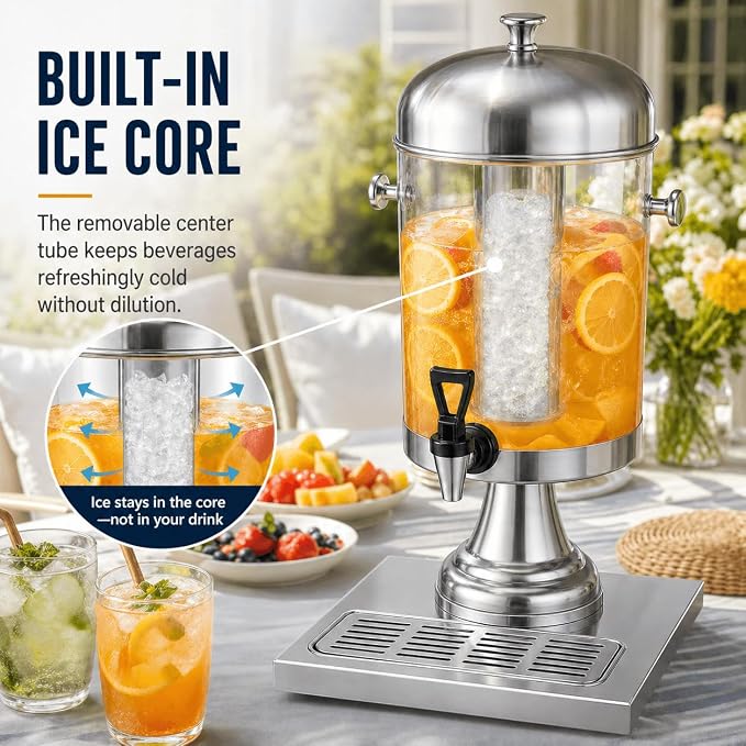 2.2 Gallon Drink Dispenser with Ice Core and Stand | Beverage dispenser with ice core, stand, and drip tray for cold drinks, juice, lemonade, iced tea, beer, and parties.