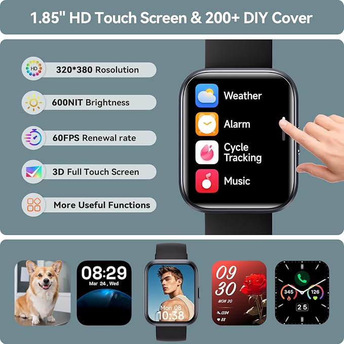 Smart Watch for Men Women, 1.85" HD Smartwatch for iPhone/Samsung/Android (Answer/Make), Fitness Tracker with Heart Rate/Sleep/SpO2 Monitor, Smart Watches 3ATM Waterproof 120+ Sport Modes, Alexa